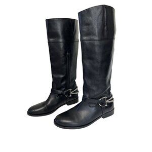 Ralph Lauren Sz 8 Black Leather Knee-High Riding Boots Chain Detail Side Zipper